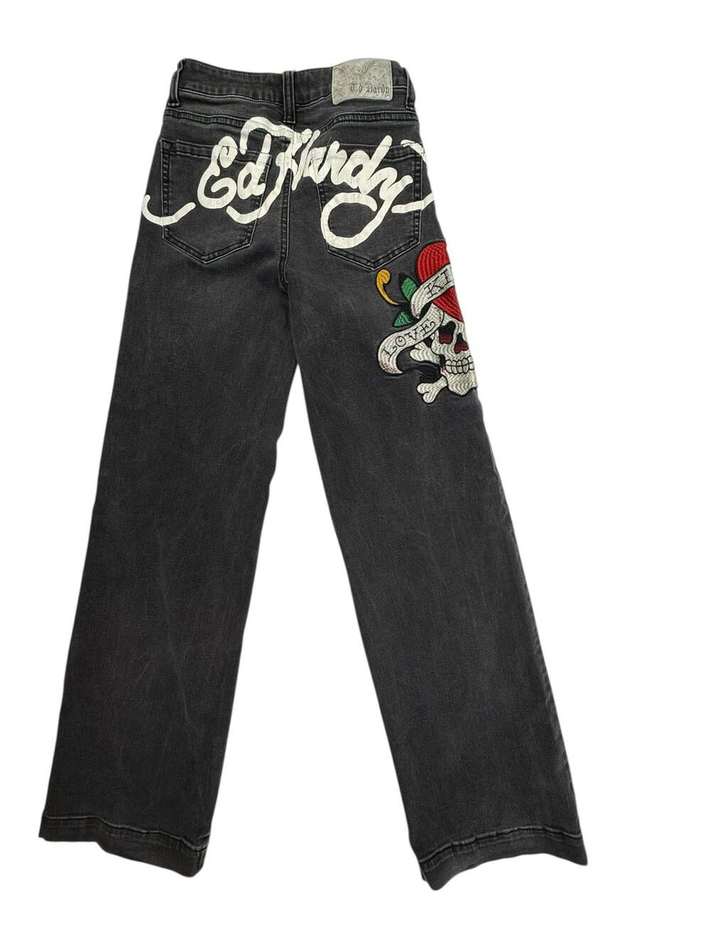 Ed Hardy Women's Size 24 Love Kills Slowly Embroidered Wide Leg Jeans in Faded B